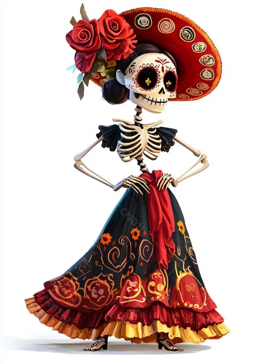 Caveira mexicana Catrina com vestido bordado e sombrero vermelho com rosas Dia de Muertos