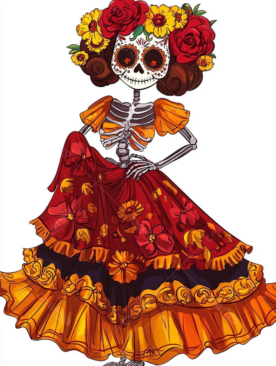 Catrina esqueleto feminino com flores e vestido tradicional mexicano Dia de los Muertos
