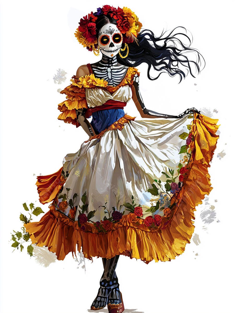 Mulher Catrina em vestido floral colorido celebrando o Dia dos Mortos
