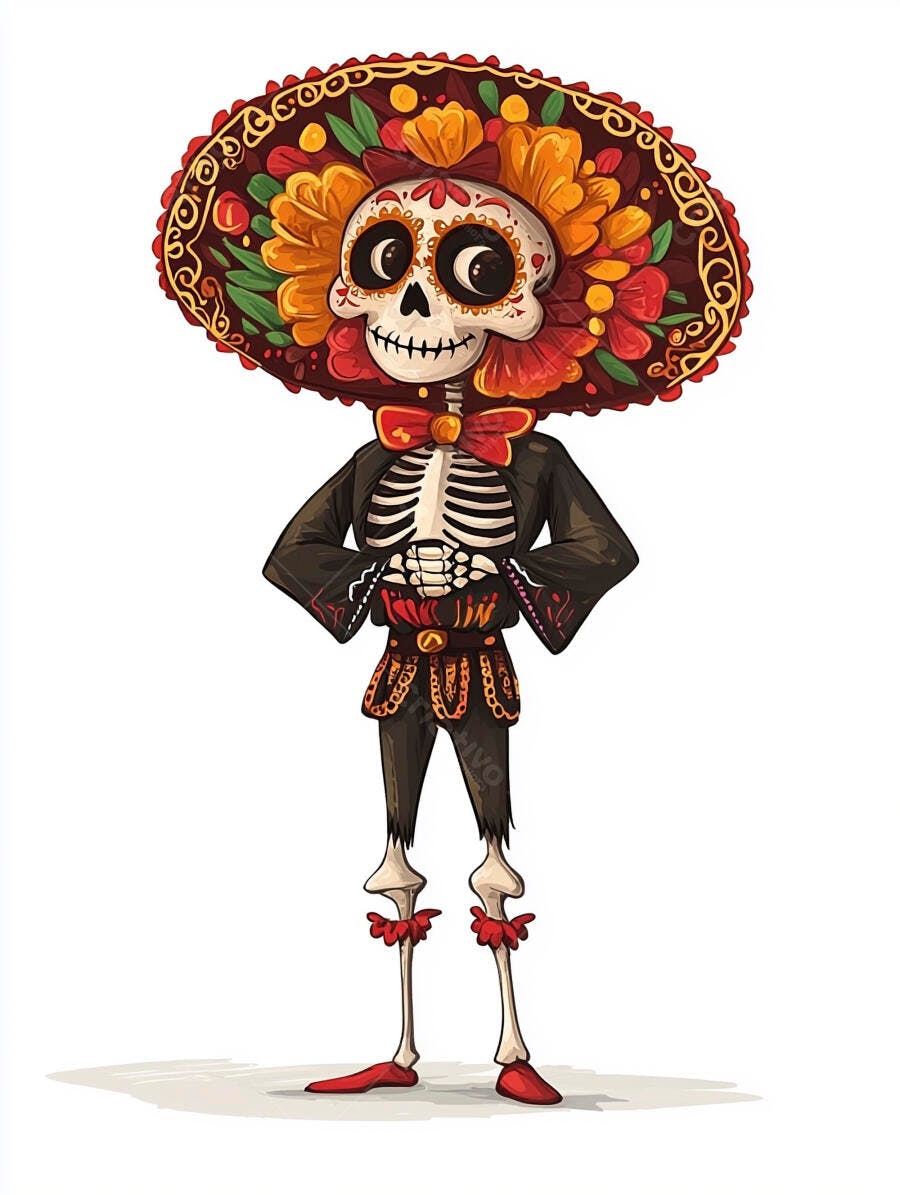 Esqueleto festivo com sombrero mexicano colorido e gravata borboleta