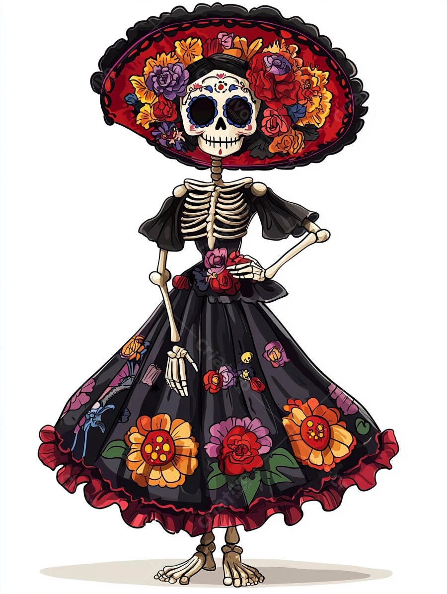 Caveira mexicana Catrina vestido preto florido chapéu grande colorido Dia dos Mortos