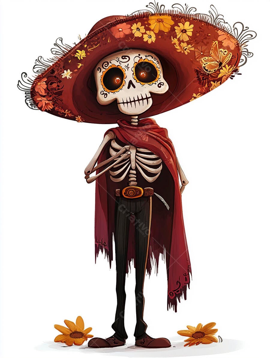 Esqueleto calavera festivo com sombrero vermelho e flores coloridas
