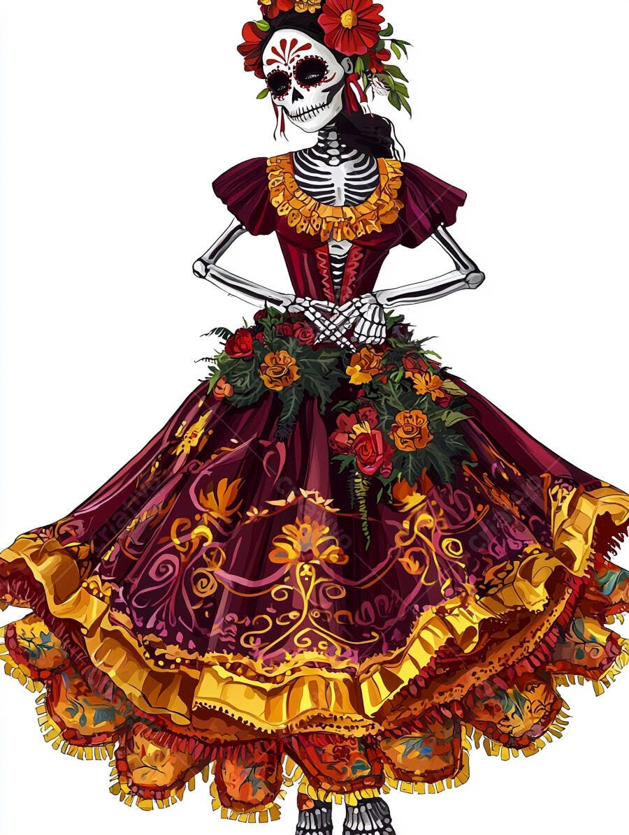 Catrina elegante com vestido mexicano tradicional flores vermelhas para Dia de los Muertos