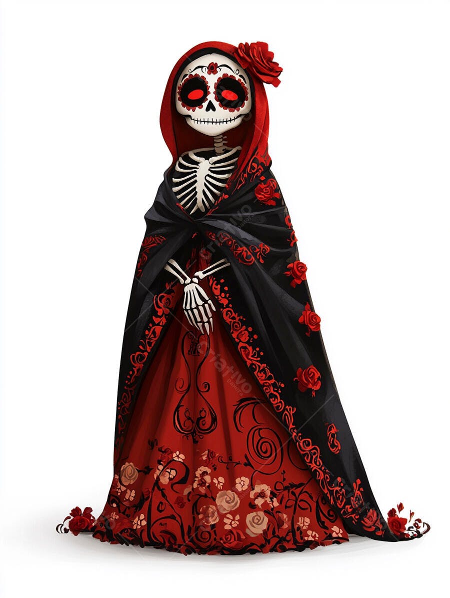 Esqueleto Catrina com vestido preto e vermelho e rosa Dia dos Mortos