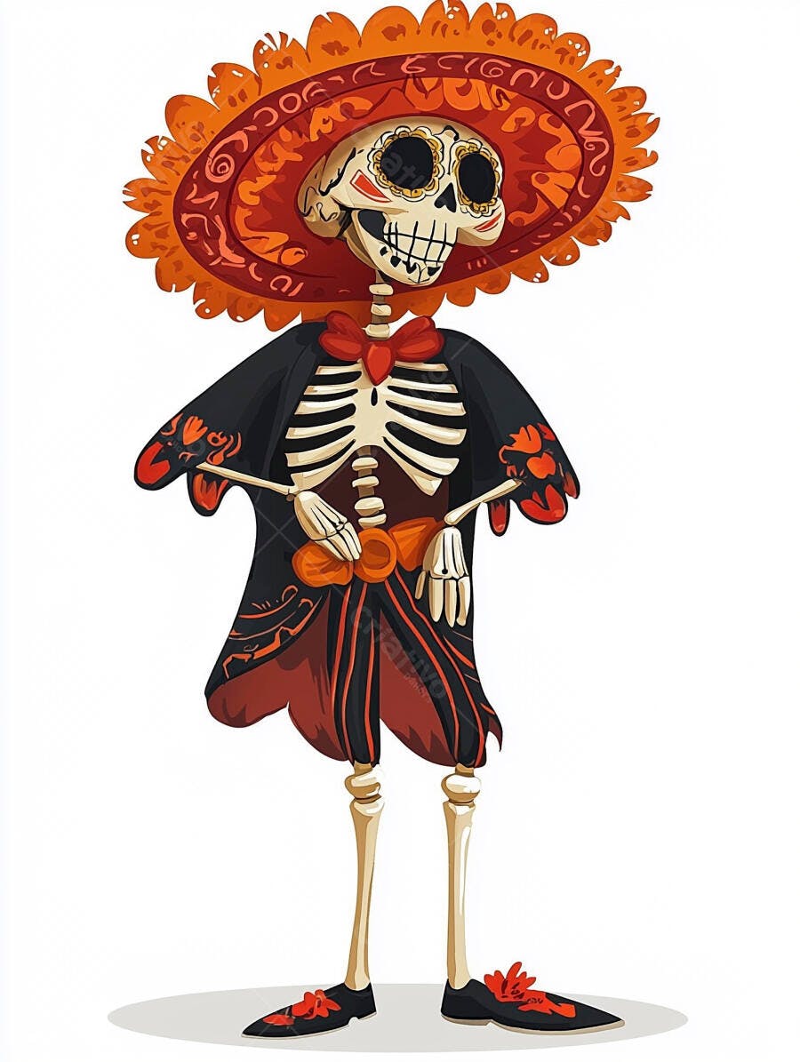 Esqueleto mexicano festivo com sombrero colorido para Dia dos Mortos