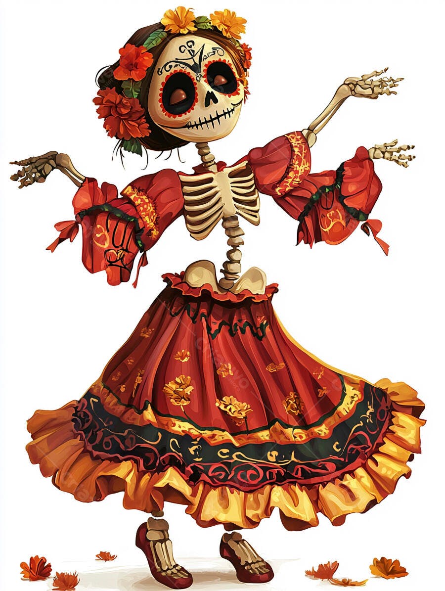Caveira mexicana Catrina dançando com vestido vermelho e flores coloridas Dia dos Mortos
