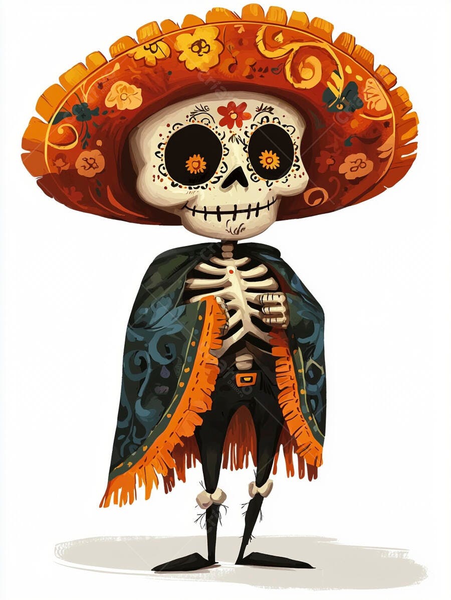 Caveira mexicana colorida com sombrero e capa para Dia dos Mortos
