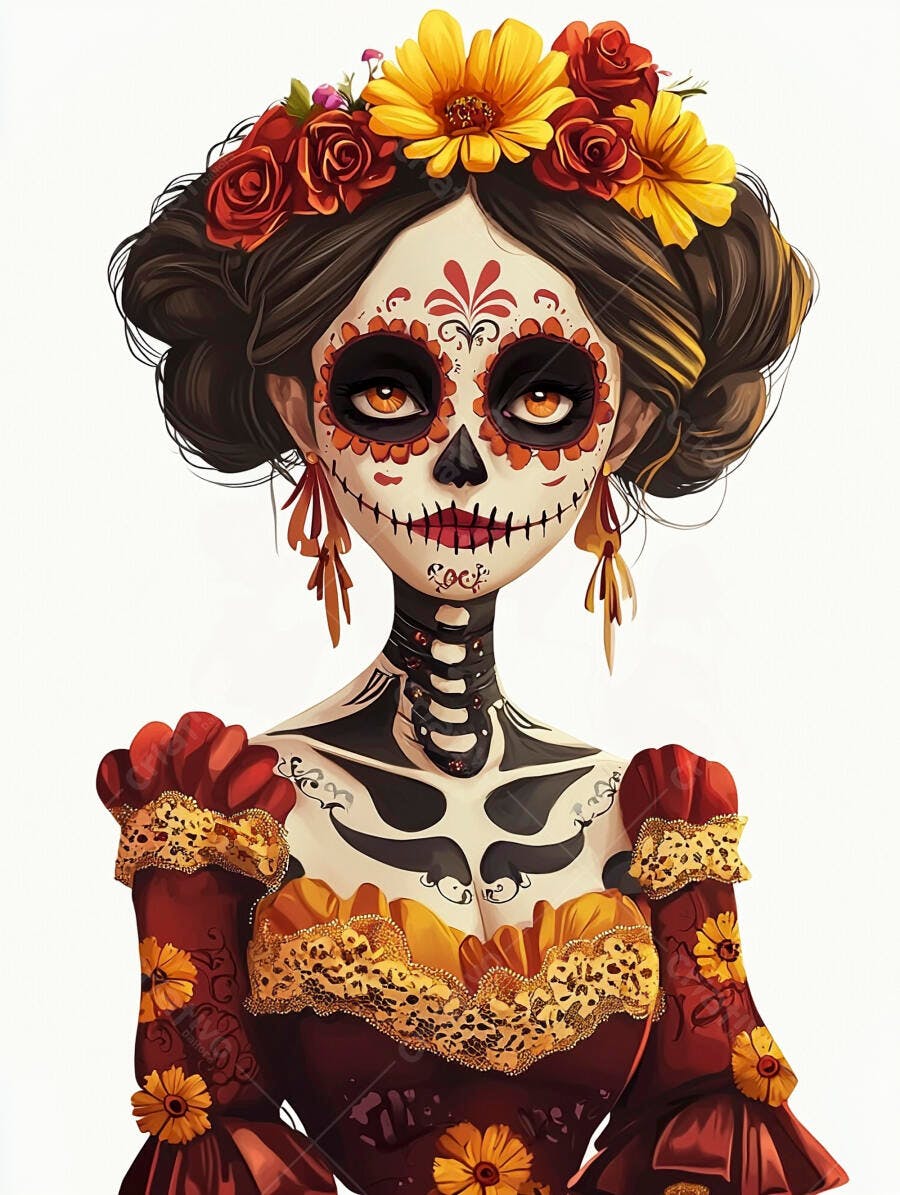 Mulher Catrina maquiagem de caveira mexicana com flores vermelhas e amarelas