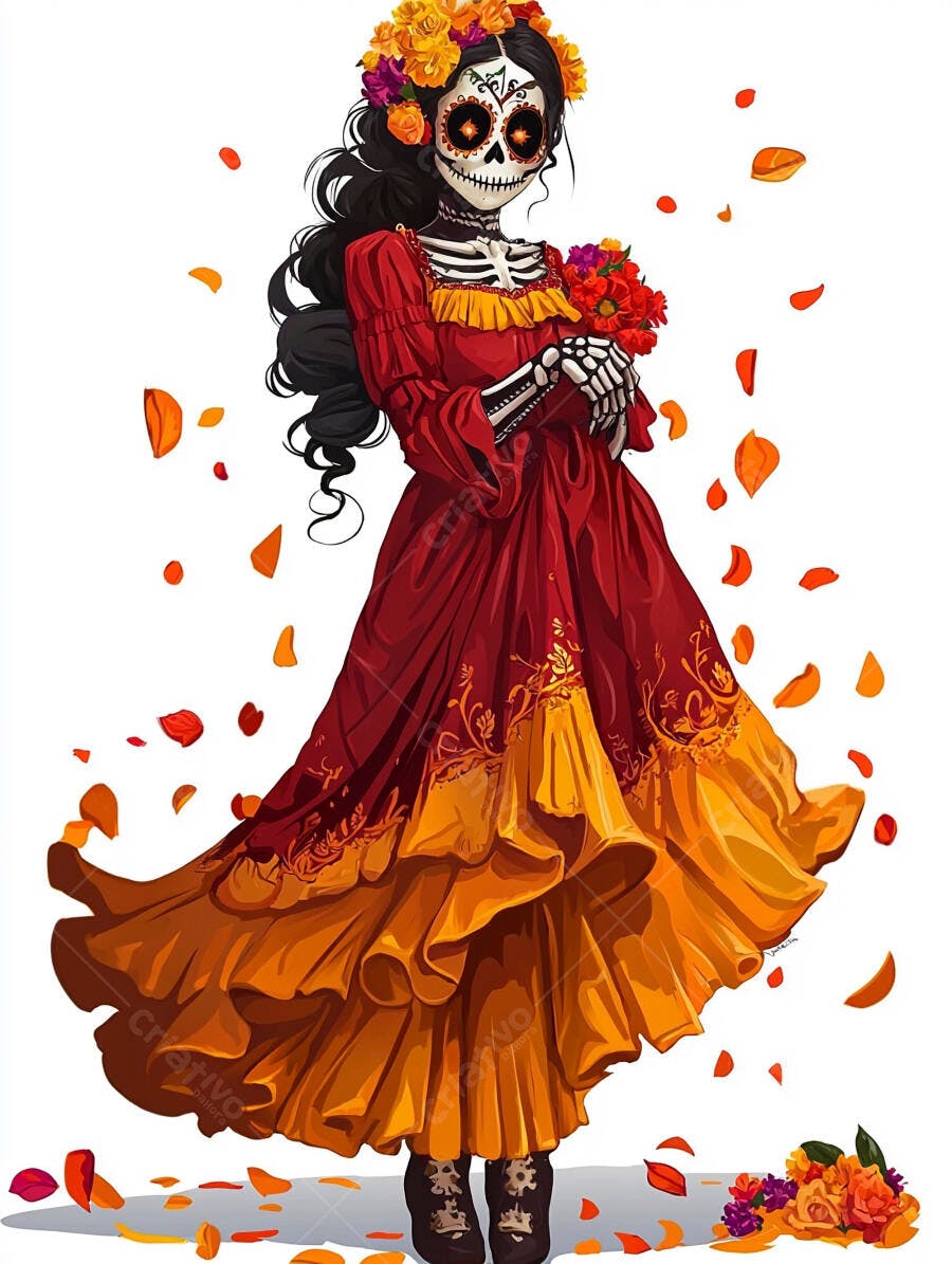 Catrina com maquiagem de caveira mexicana usando vestido vermelho laranja em Dia dos Mortos