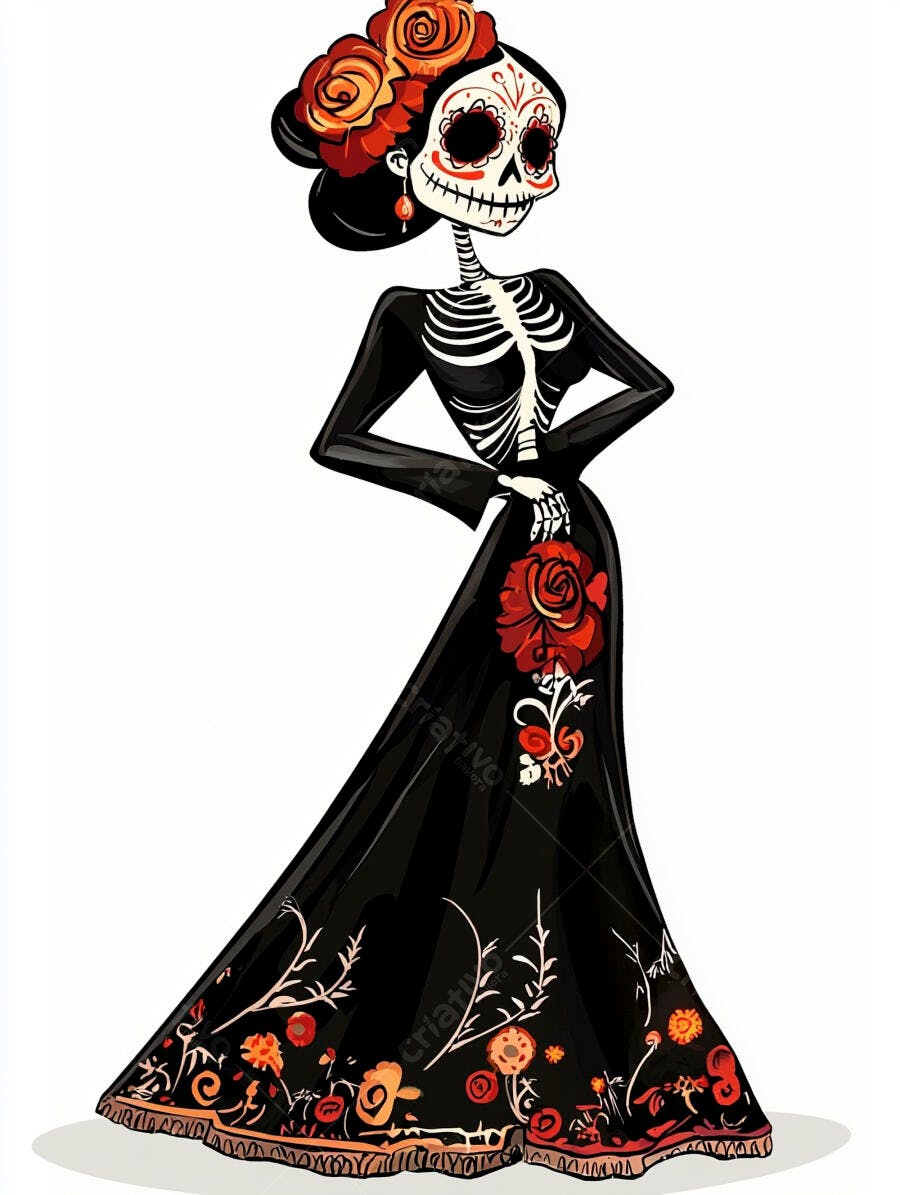 Calavera Catrina em elegante vestido preto com flores vermelhas e laranjas