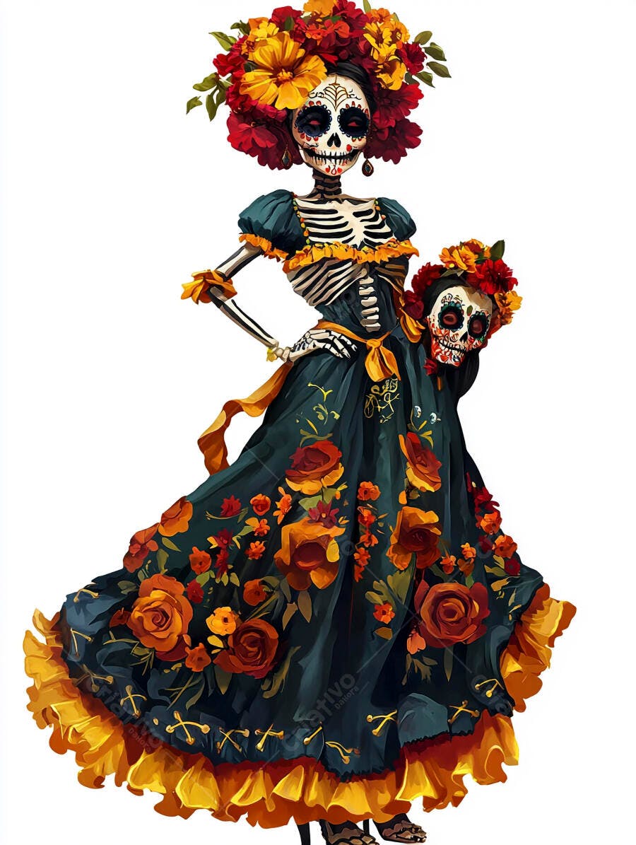 Catrina esqueleto decorada com flores coloridas para Dia de Muertos