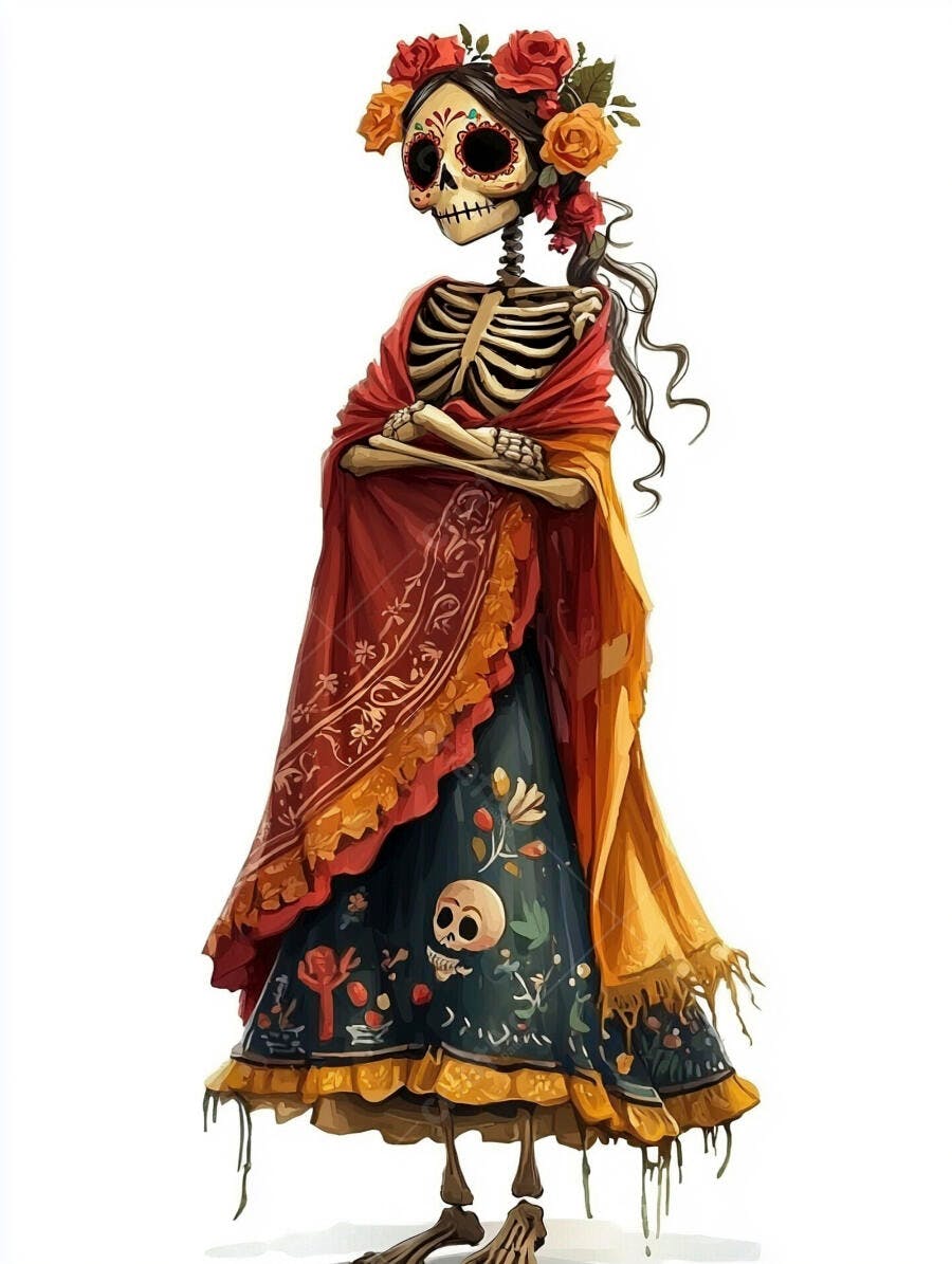 Calavera Catrina colorida com flores e xale ornamentado Dia dos Mortos