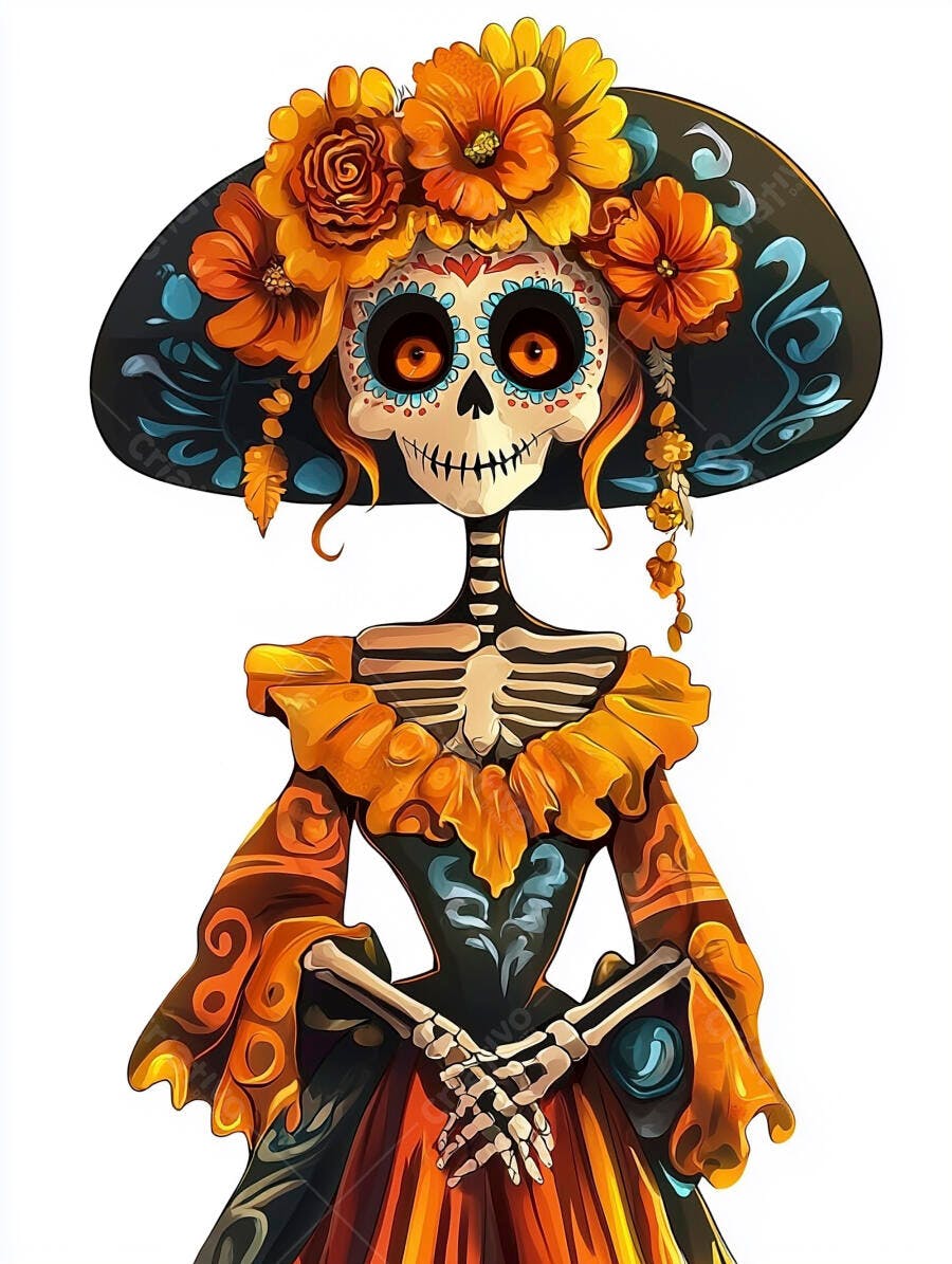 Caveira mexicana Catrina com chapéu florido laranja e vestido colorido para Dia dos Mortos