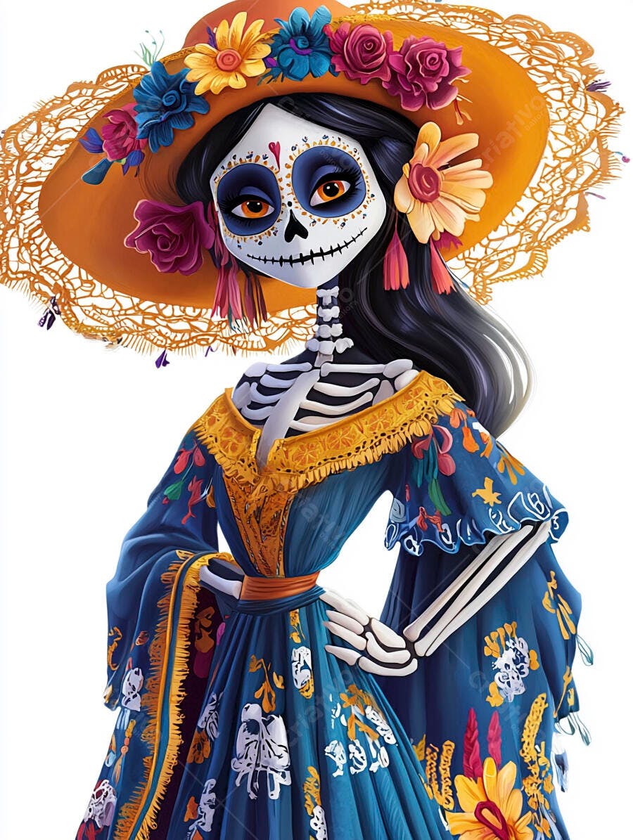 Catrina mexicana com chapéu laranja floral e vestido azul Dia de los Muertos