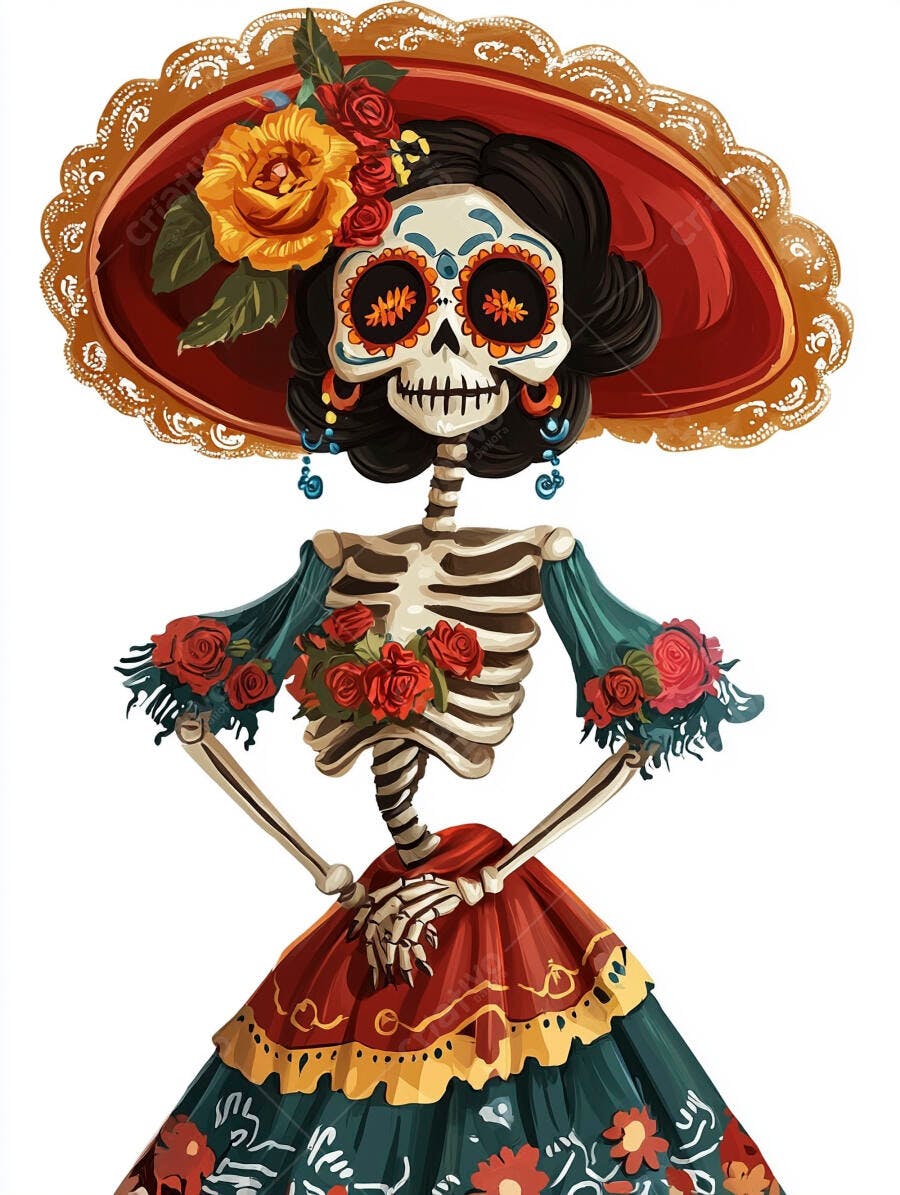 Catrina esqueleto feminino com chapéu florido vermelho e vestido folclórico colorido