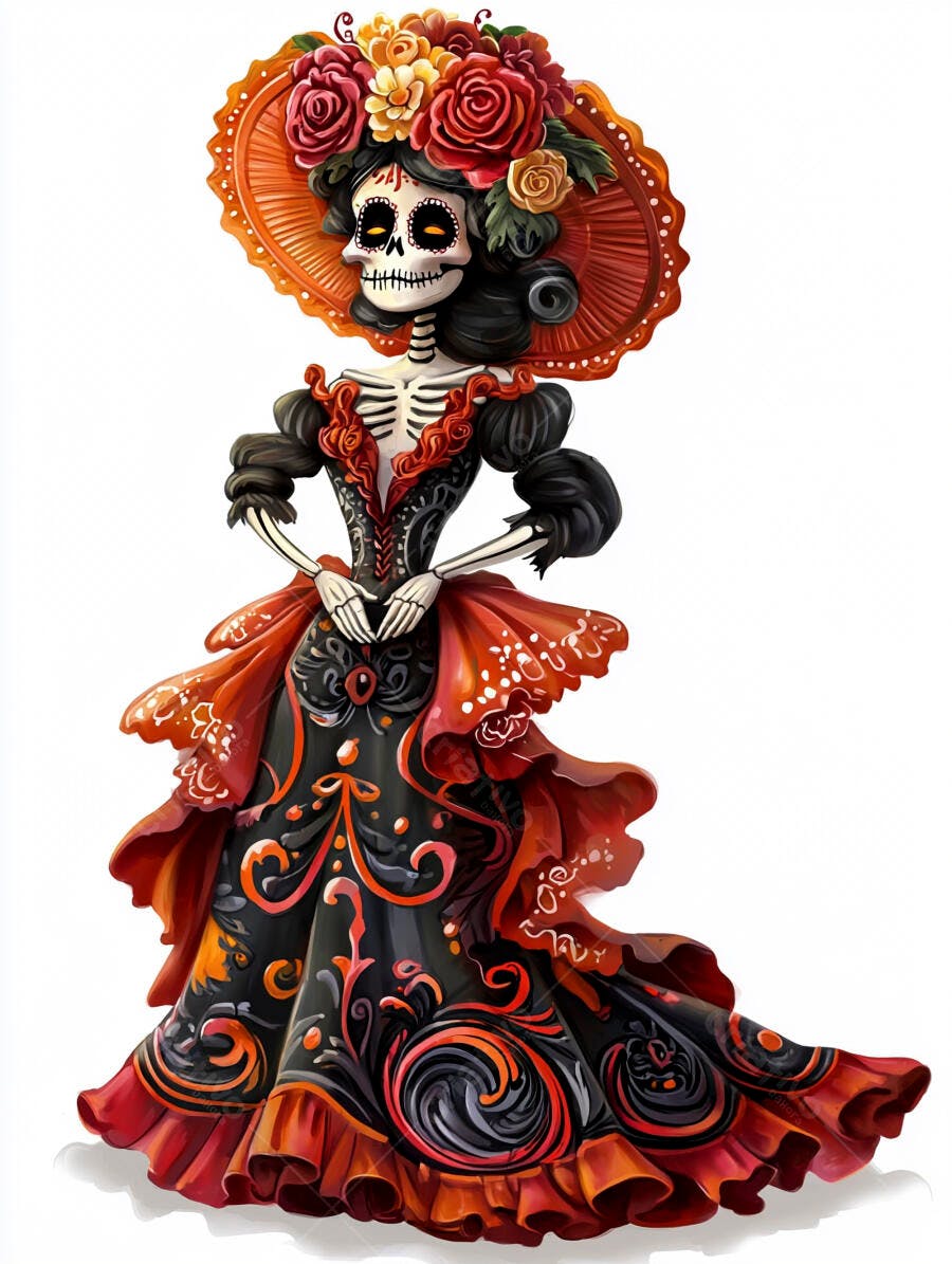 Catrina esqueleto feminino em vestido preto e vermelho com chapéu floral Dia de Muertos