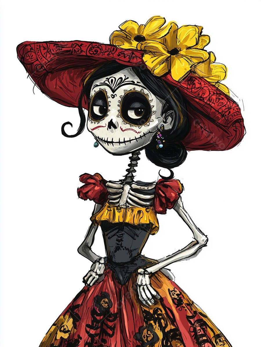Calavera Catrina esqueleto com chapéu vermelho e flores amarelas Dia dos Mortos