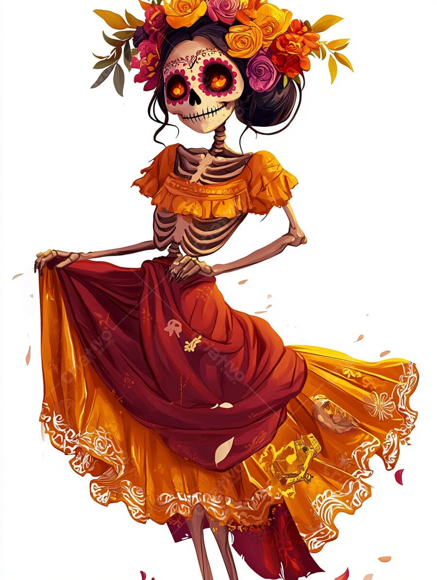 Catrina esqueleto dançando com vestido laranja e coroa de flores coloridas Día de Muertos