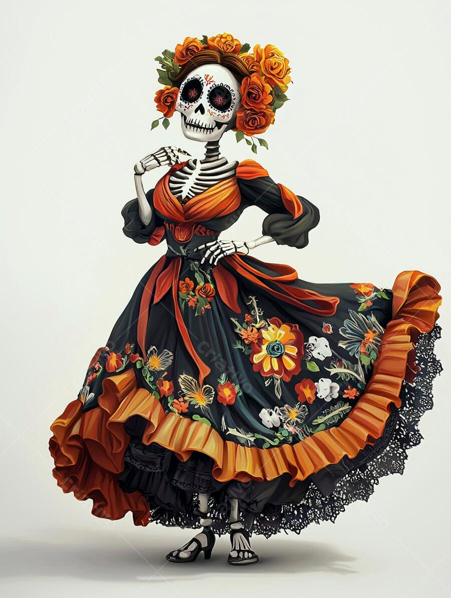 Catrina elegante com vestido floral preto e laranja para celebração mexicana