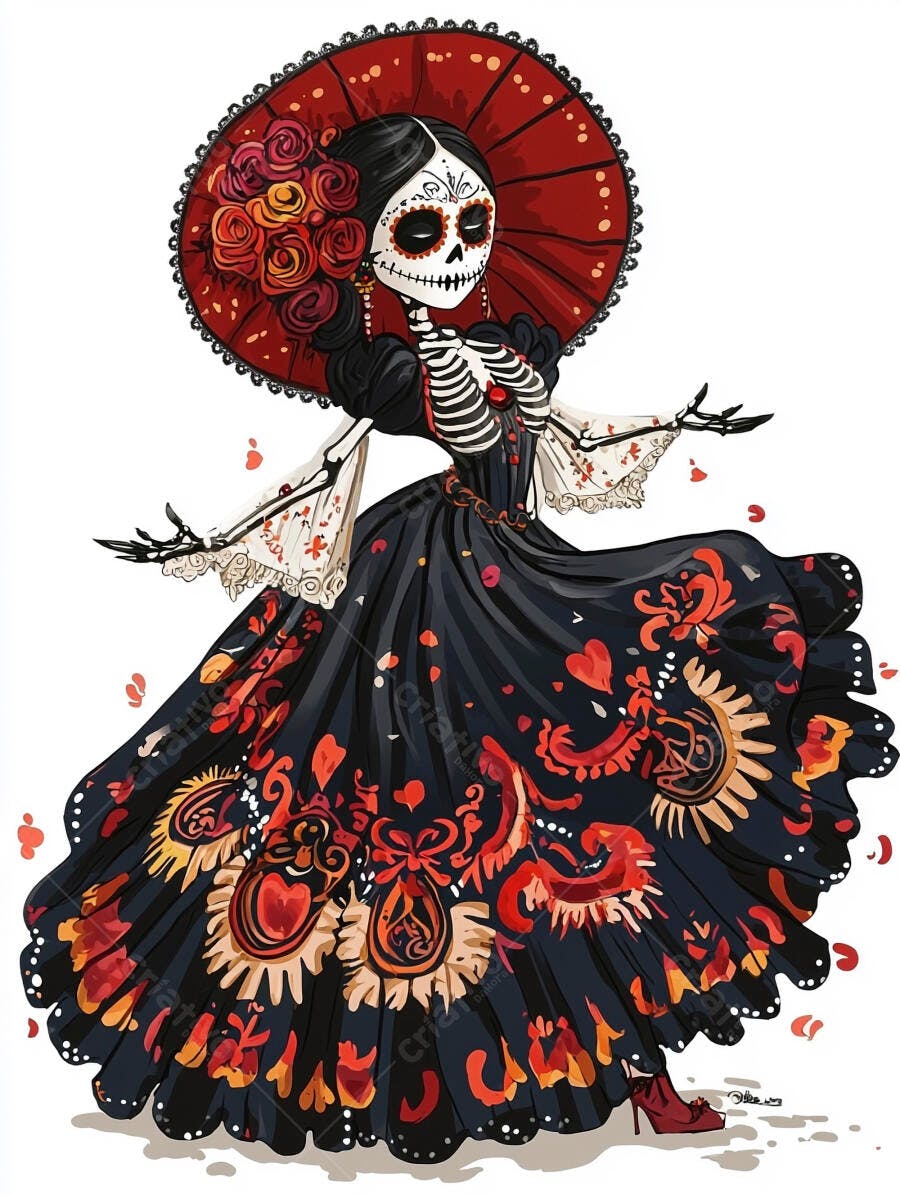 Catrina elegante com vestido floral e guarda-chuva de rosas para Dia de Muertos
