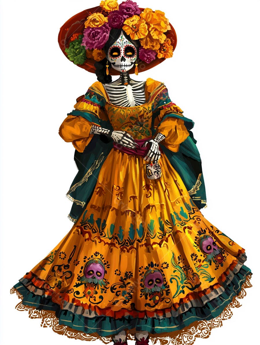 Catrina mexicana em vestido amarelo floral para Dia de Muertos