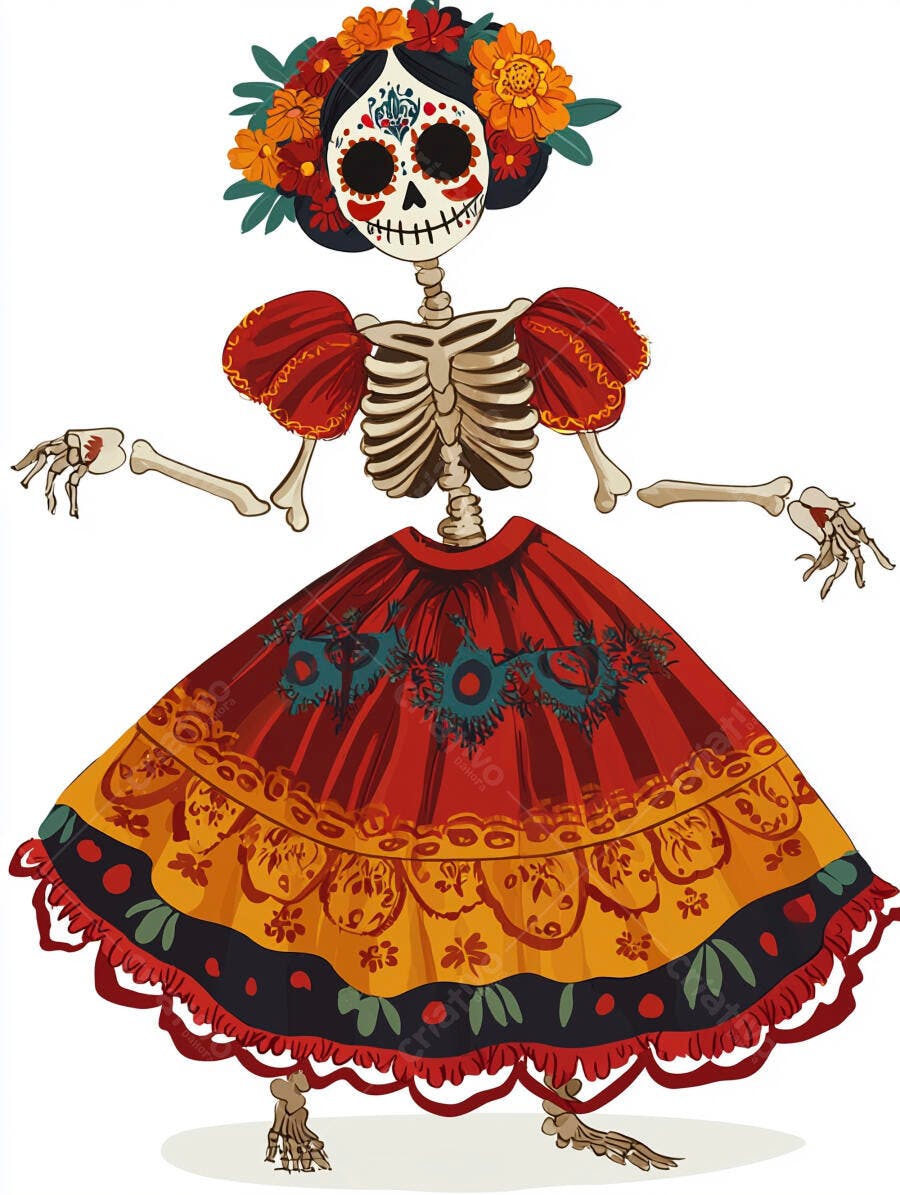 Catrina esqueleto com flores vibrantes e vestido tradicional mexicano