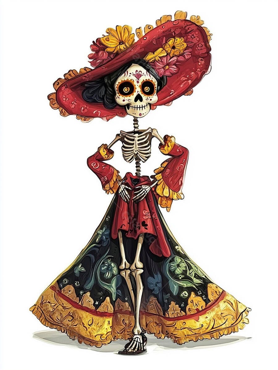 Calavera Catrina elegante com chapéu florido e vestido vermelho para o Dia dos Mortos