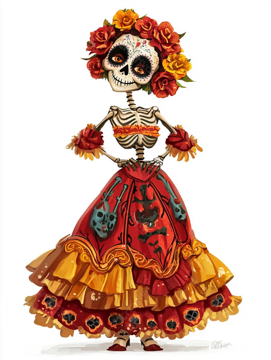 Calavera Catrina esqueleto feminino vestido vermelho e laranja com coroa de flores