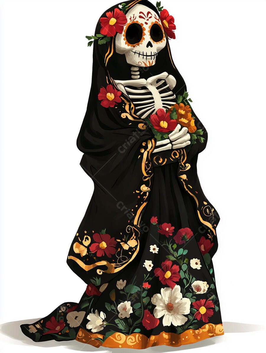 Catrina esqueleto mulher com flores vermelhas douradas manto preto Dia de Mortos