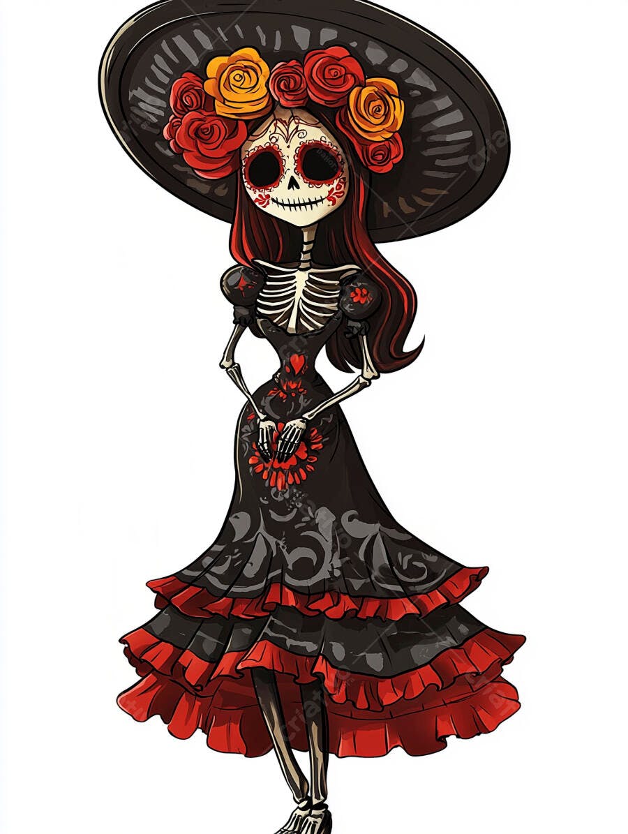 Calavera Catrina elegante com vestido preto e rosas para Dia dos Mortos