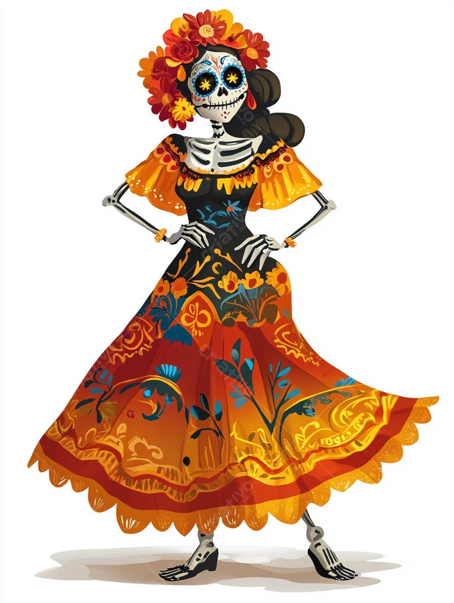 Catrina mexicana colorida com vestido floral e coroa de flores