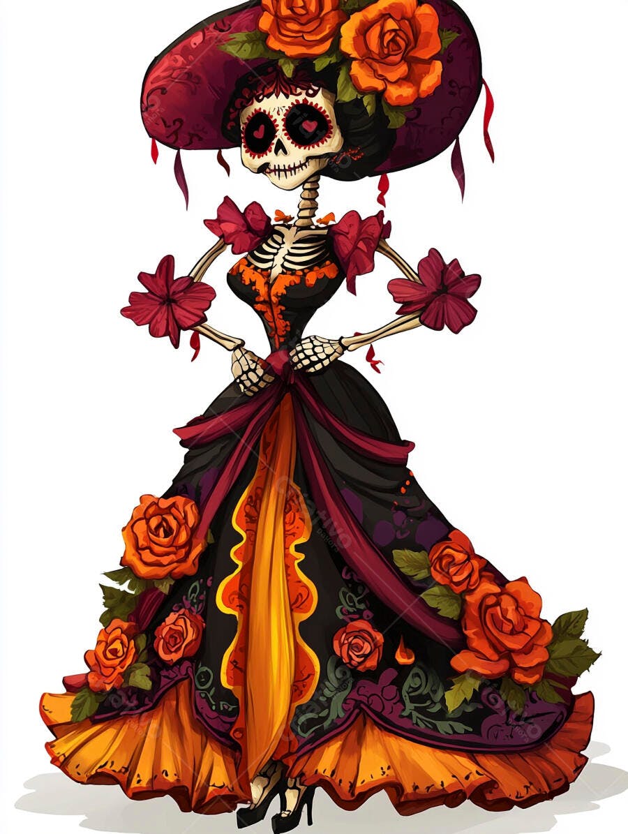 Calavera Catrina vestida de gala com chapéu florido para celebração do Dia dos Mortos