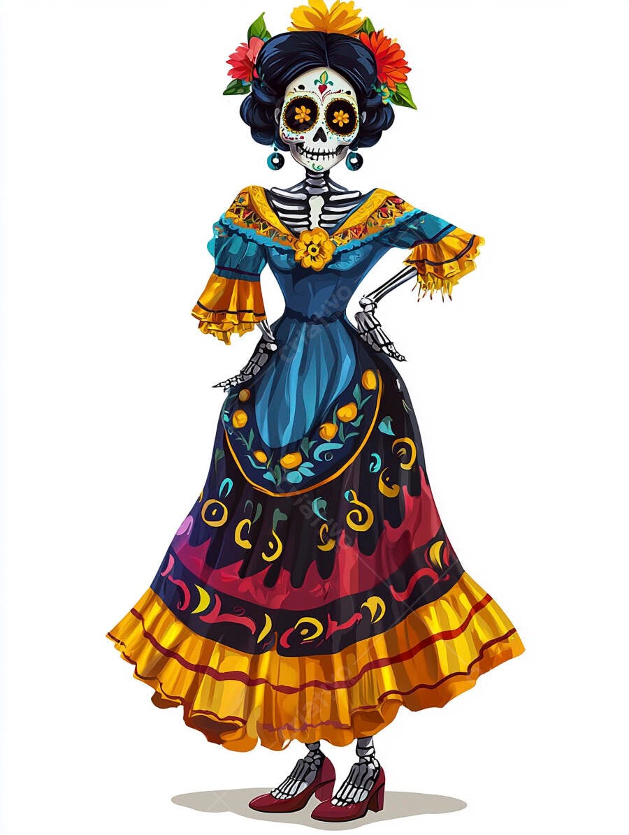 Catrina esqueleto com vestido mexicano colorido e flores Dia dos Mortos