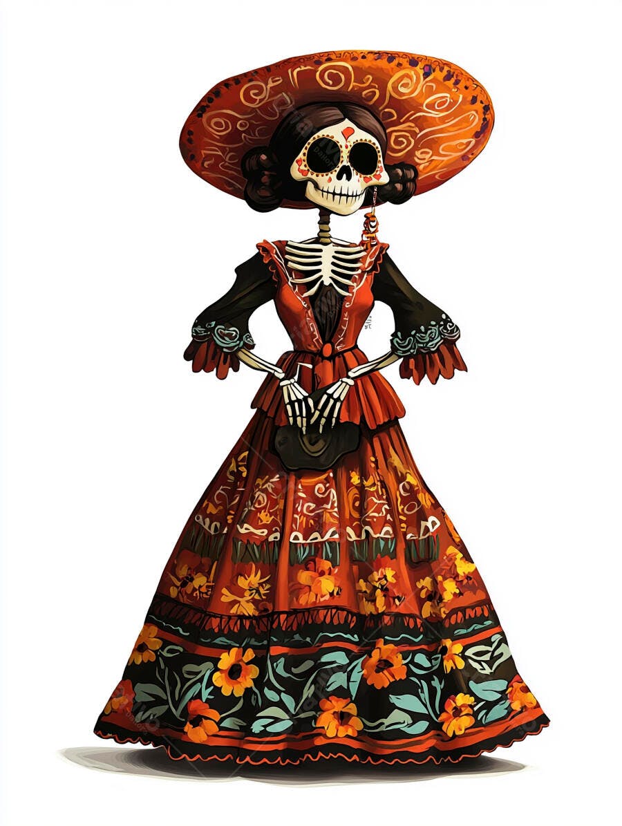 Catrina esqueleto mexicana em vestido e chapéu floridos coloridos Dia de Mortos