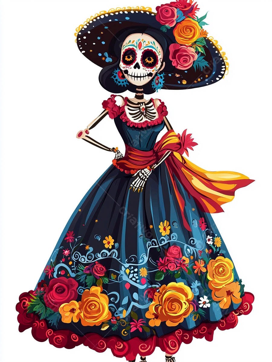Catrina elegante com vestido floral colorido e chapéu Dia dos Mortos