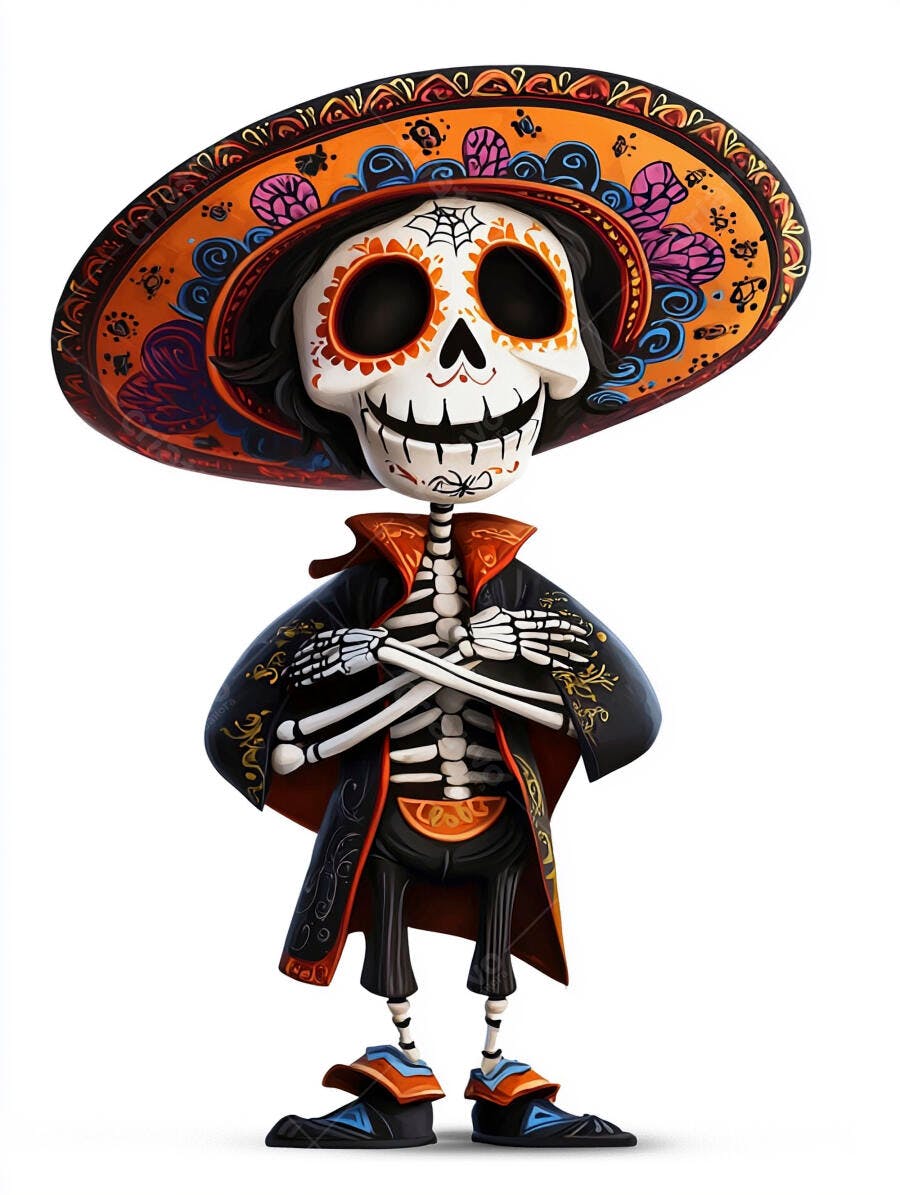 Esqueleto colorido com sombrero ornado para Dia de Muertos
