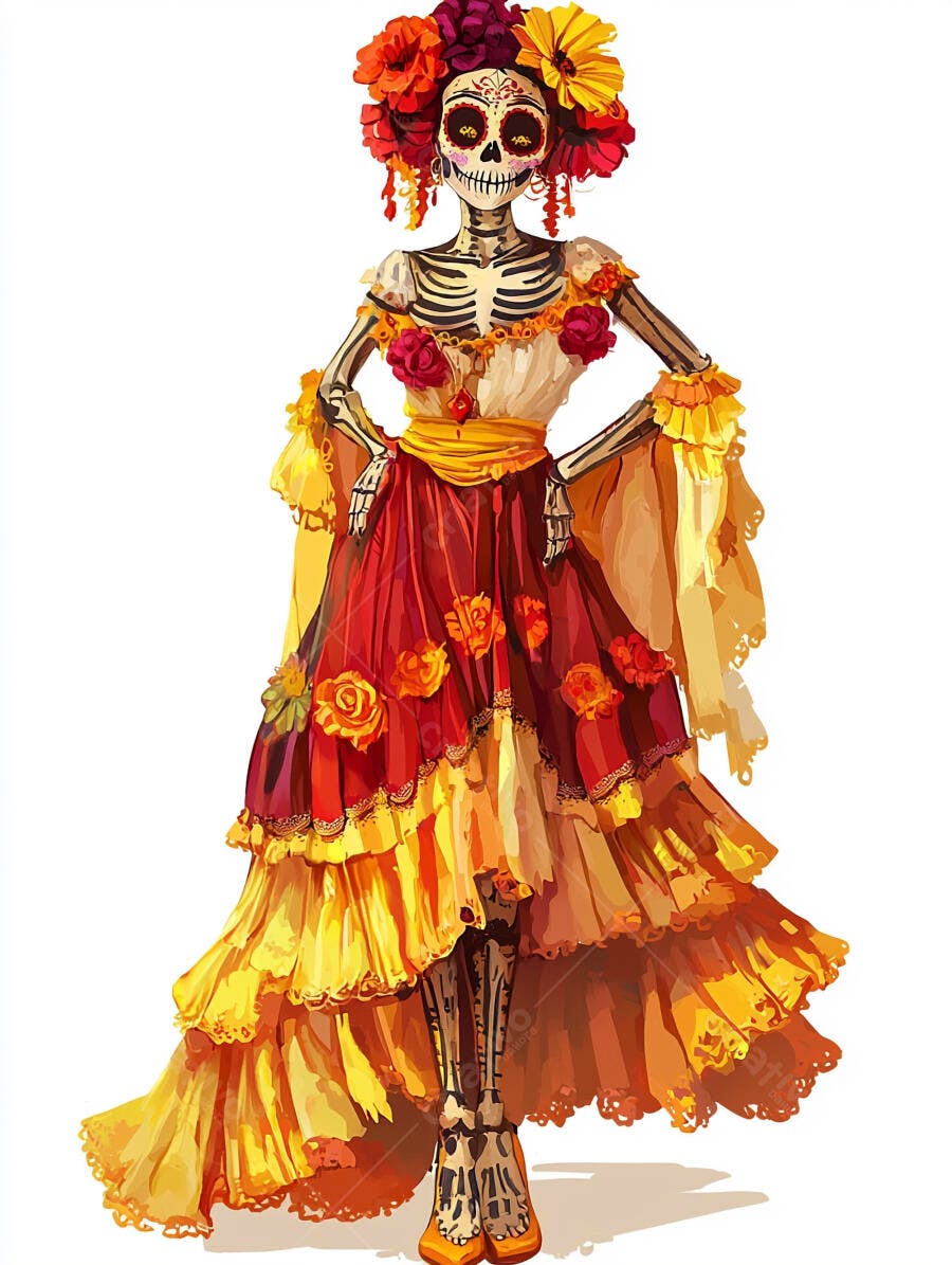 Catrina colorida Dia de los Muertos com vestido floral vermelho e amarelo