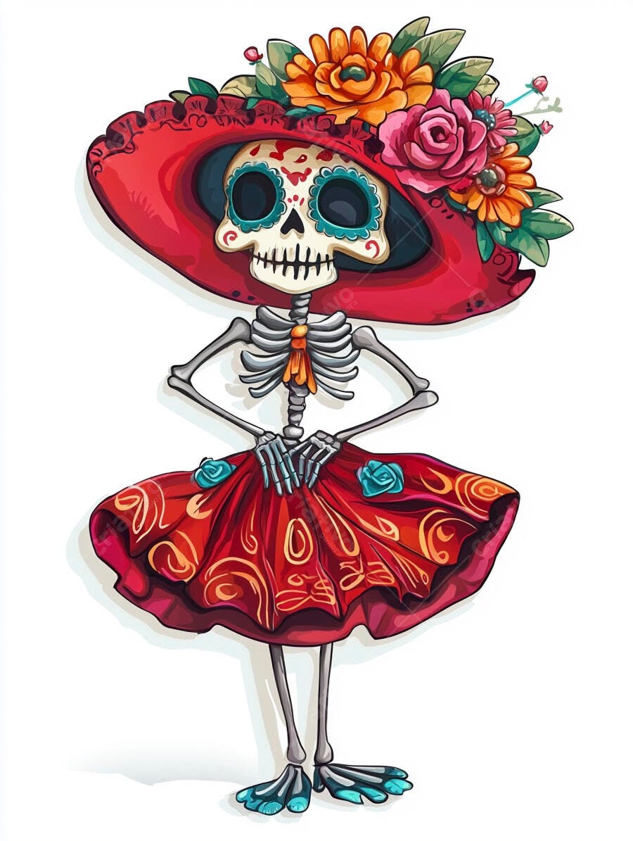 Calavera Catrina esqueleto com chapéu floral e vestido vermelho Dia dos Mortos