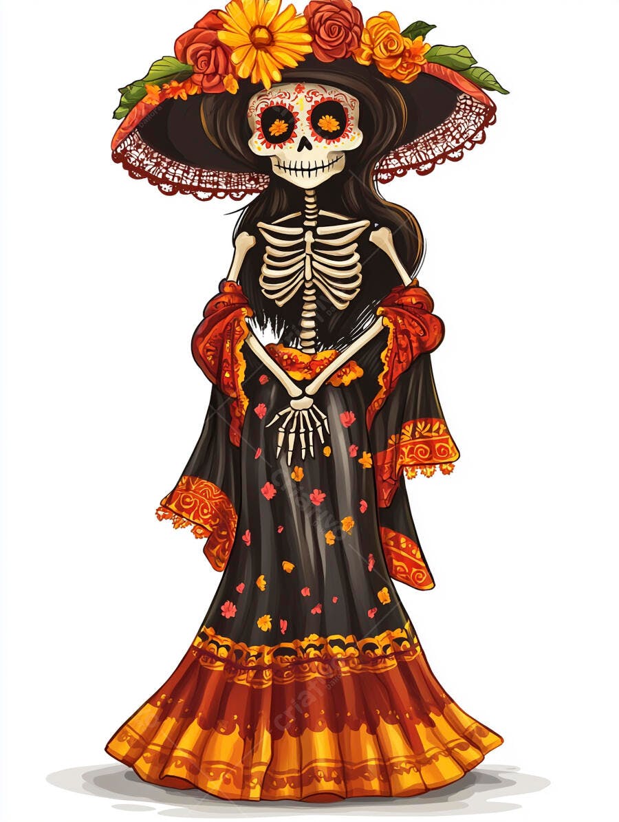 Catrina esqueleto feminino ilustração com chapéu florido e vestido tradicional Dia dos Mortos