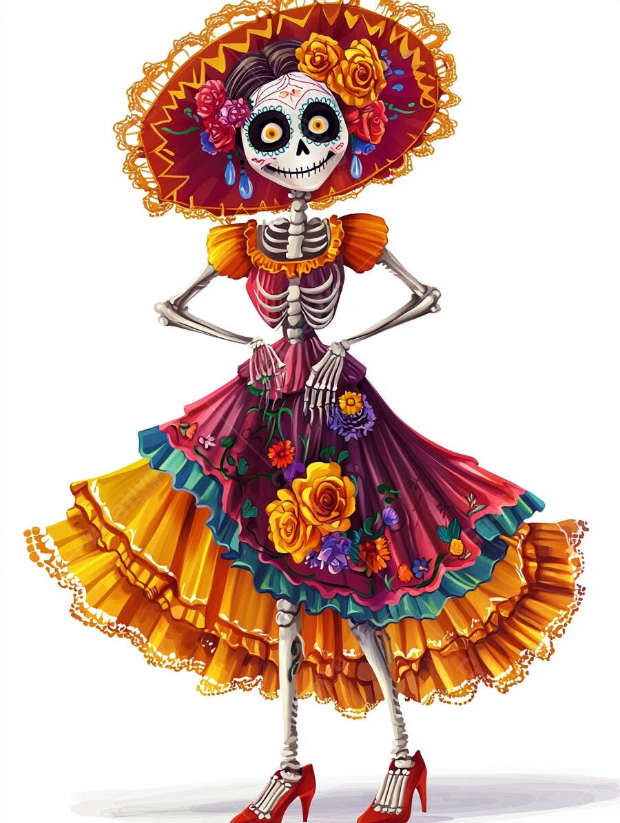 Caveira mexicana Catrina vibrante com chapéu e vestido floral coloridos