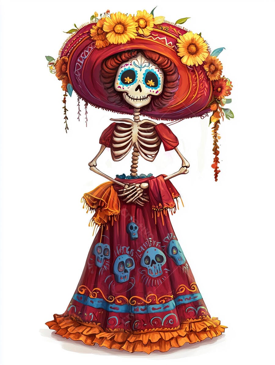 Catrina esqueleto feminino ilustração com chapéu floral vermelho e vestido azul vibrante