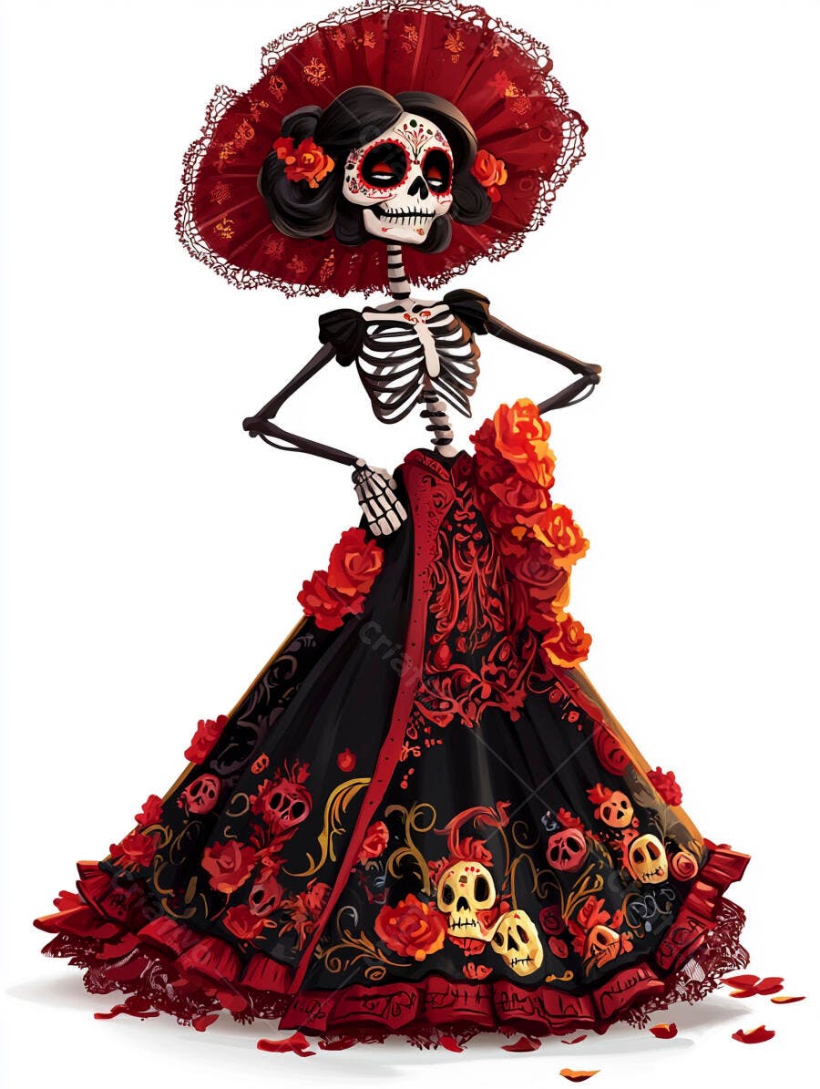Caveira Catrina elegante em vestido preto e vermelho Dia dos Mortos