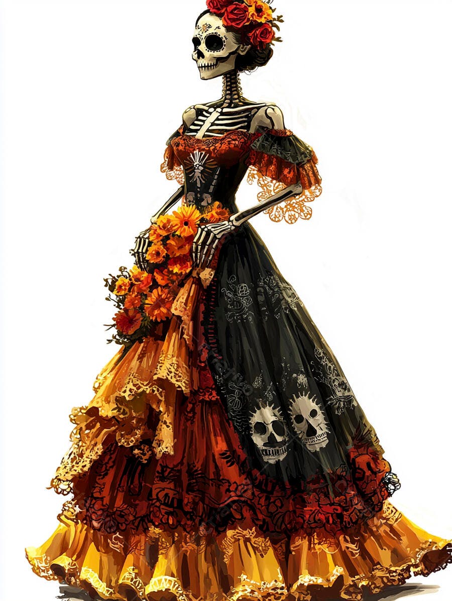 Catrina elegante traje mexicano tradicional Dia de los Muertos flores laranja