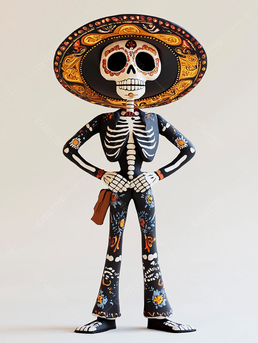 Esqueleto Catrina festivo em traje mexicano colorido