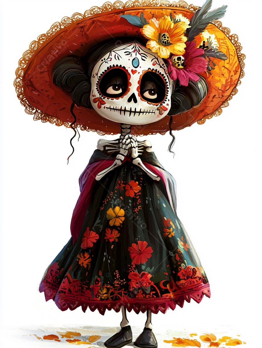 Catrina colorida com chapéu floral celebrando Dia dos Mortos festivo