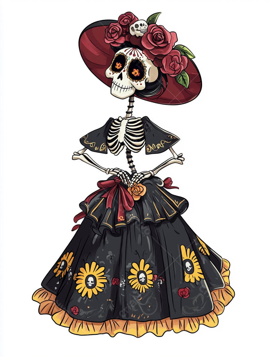 Calavera Catrina elegante com chapéu de rosas e vestido preto no Dia dos Mortos