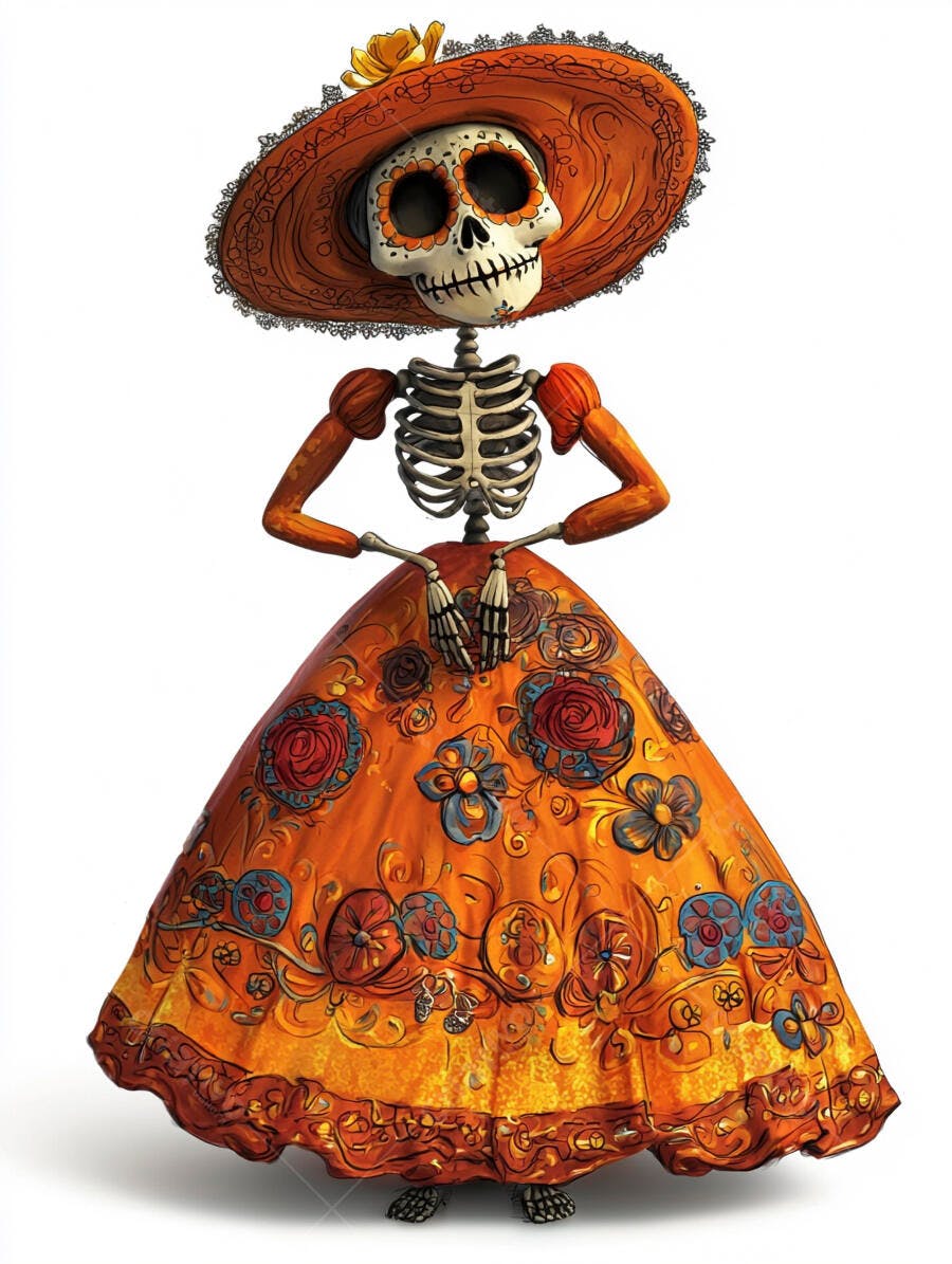 Catrina colorida com chapéu e vestido floral para Dia de Muertos