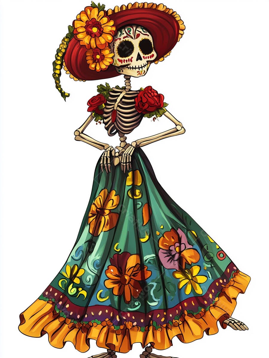 Catrina mexicana esqueleto feminino com vestido floral festivo e sombrero vermelho