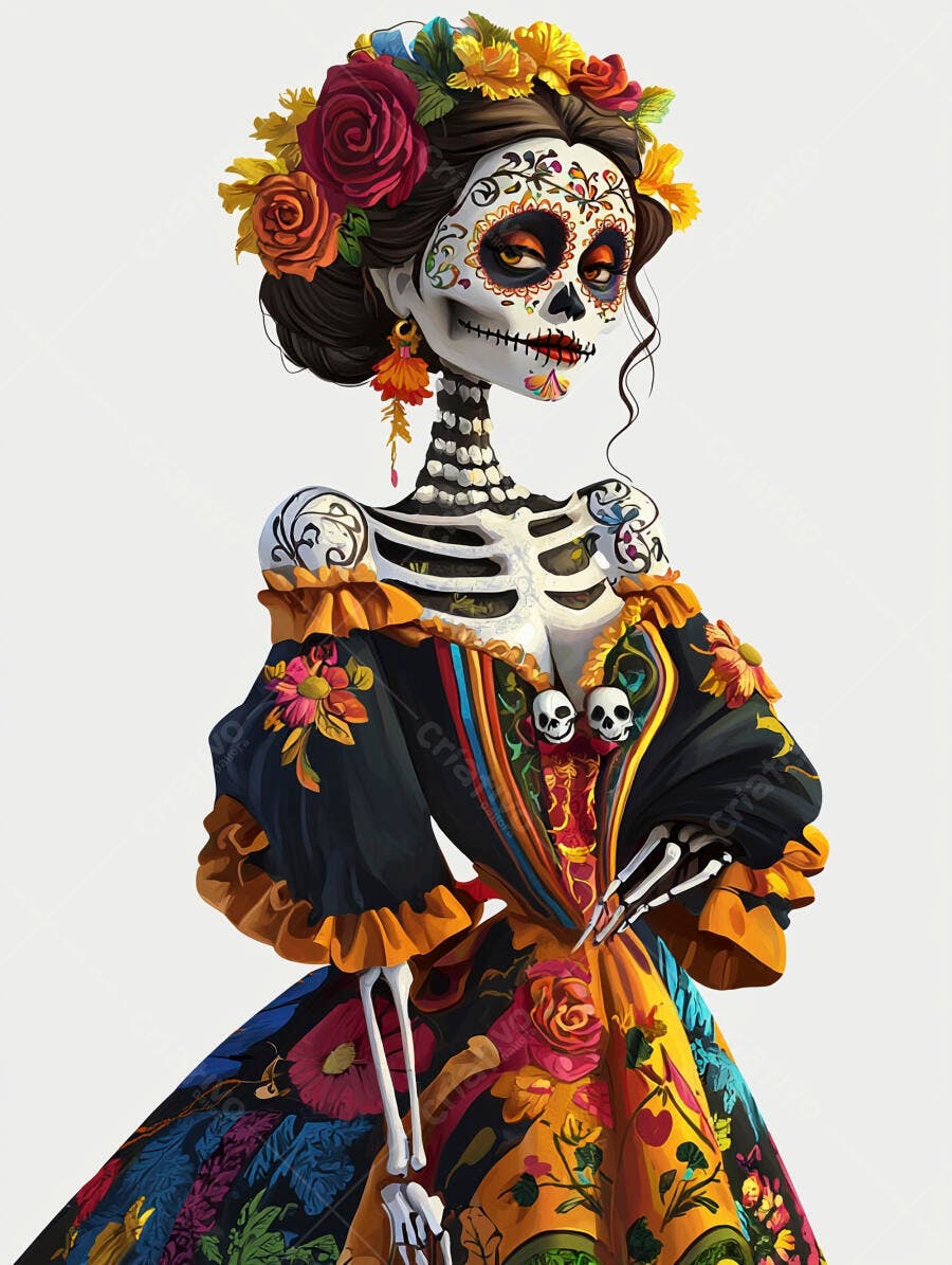 Catrina elegante vestido floral colorido maquiagem caveira Dia dos Mortos