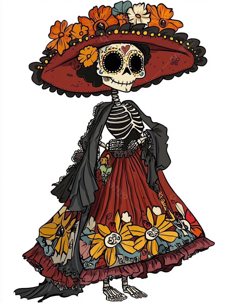 Calavera Catrina festiva com chapéu floral e vestido colorido Dia de Muertos